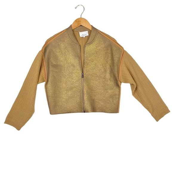 3.1 Phillip Lim Gold Full Zip Crop Jacket with Wool Blend Sweater Sleeves-Small